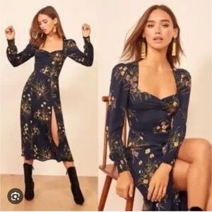 REFORMATION wallflower Floral Navy Long Sleeve Split Midi Dress - Navy